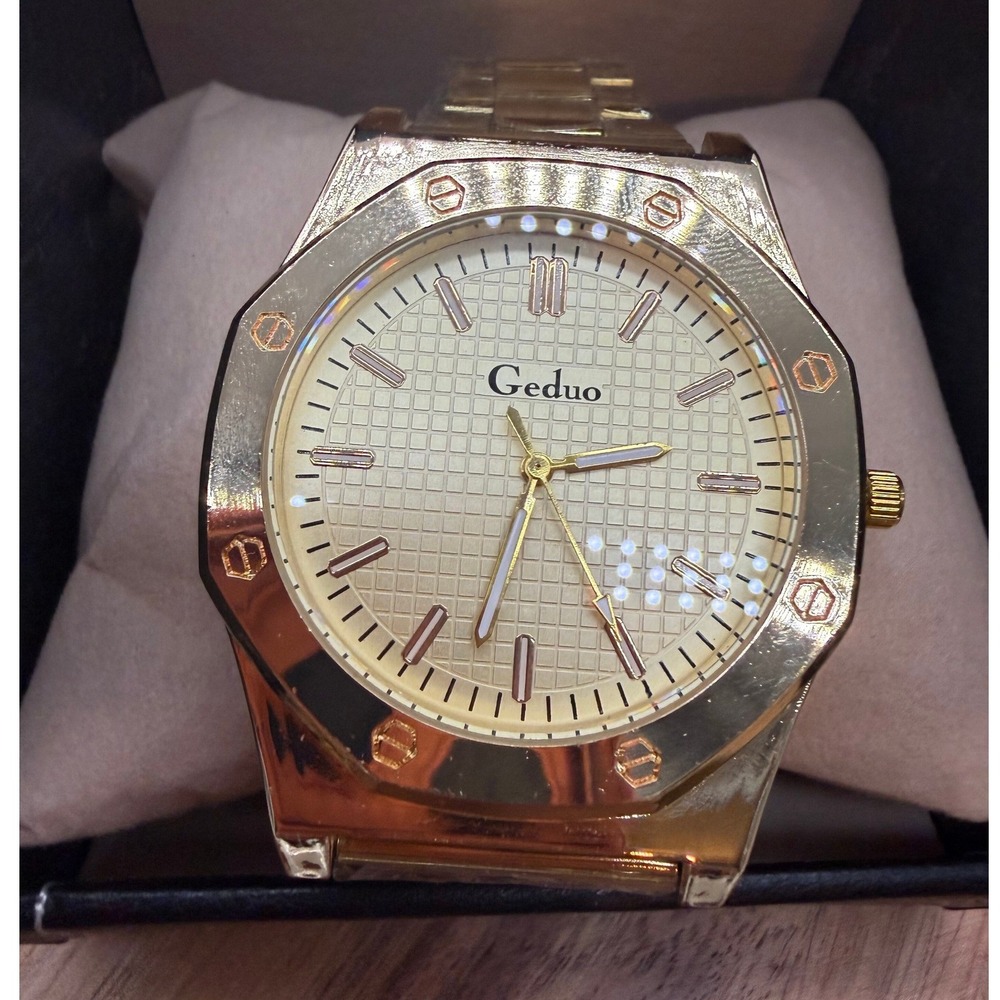 Geduo Mens Gold Tone Stainless Steel Watch Octagonal Bezel Textured Dial  0460 - Picture 2 of 4